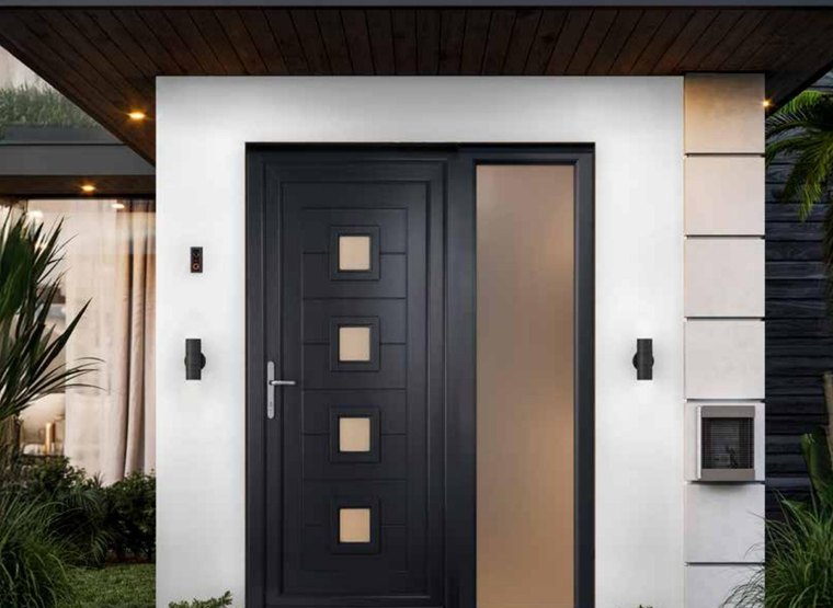 Contemporary Anthracite Grey composite-style front door panel with sandblasted glass inset, alongside a matching glazed side panel