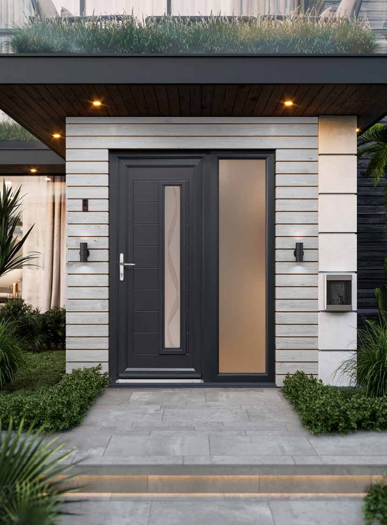 Anthracite grey UPVC front door panel with sandblasted glazed side panel