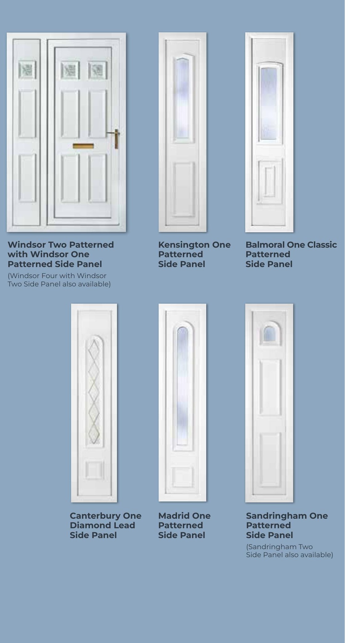 UPVC side panels in various patterned glazing styles, to match a main door panel