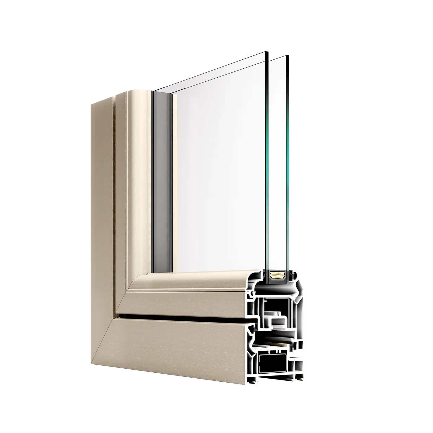 VEKA OMNIA window corner cutaway in Claystone foil