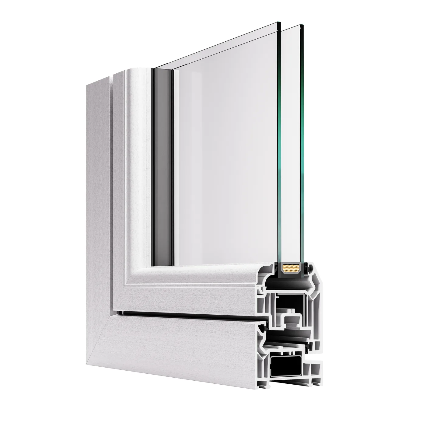 VEKA OMNIA window corner cutaway in white, showing the double-rebated sash and frame profile